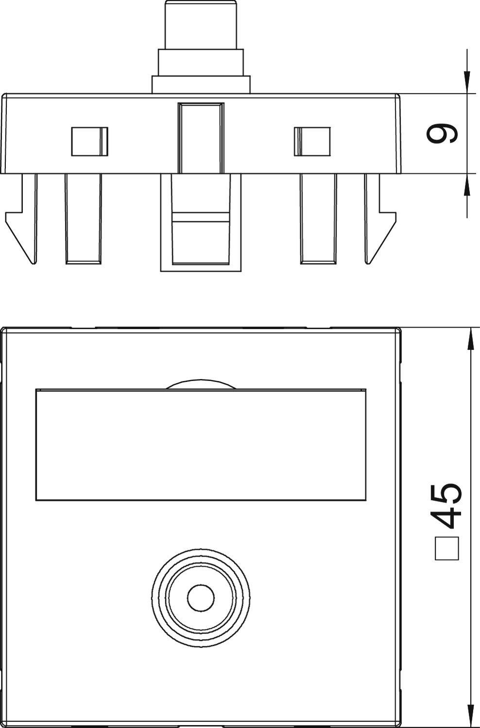 Technische Zeichnung eines Schalters mit Abmessungen: Höhe 45 mm und Tiefe 9 mm. Zeigt Vorder- und Seitenansicht des Schalters.