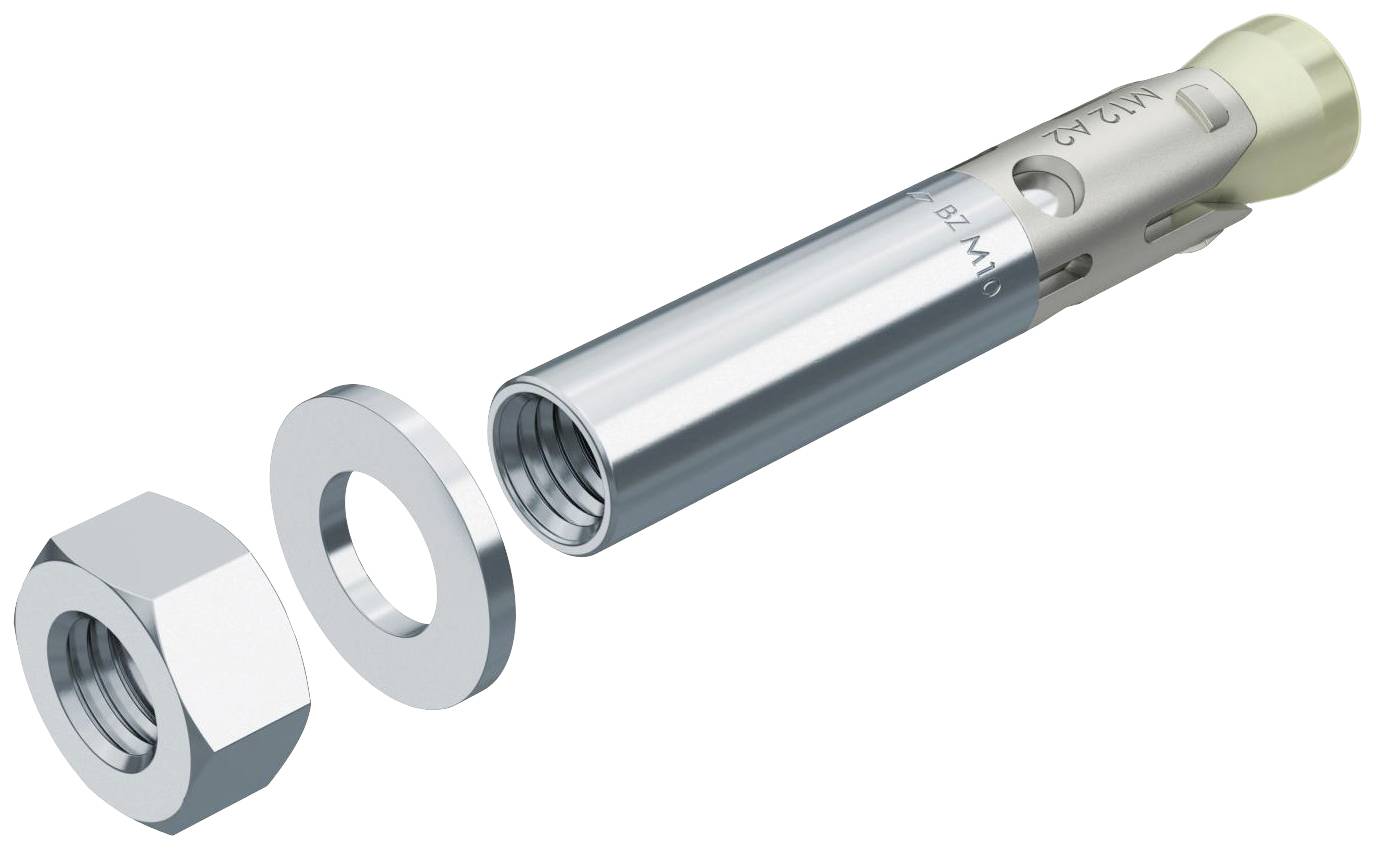 Metallischer Dübel bestehend aus einer Gewindestange, einer Unterlegscheibe und einer Mutter, getrennt dargestellt.