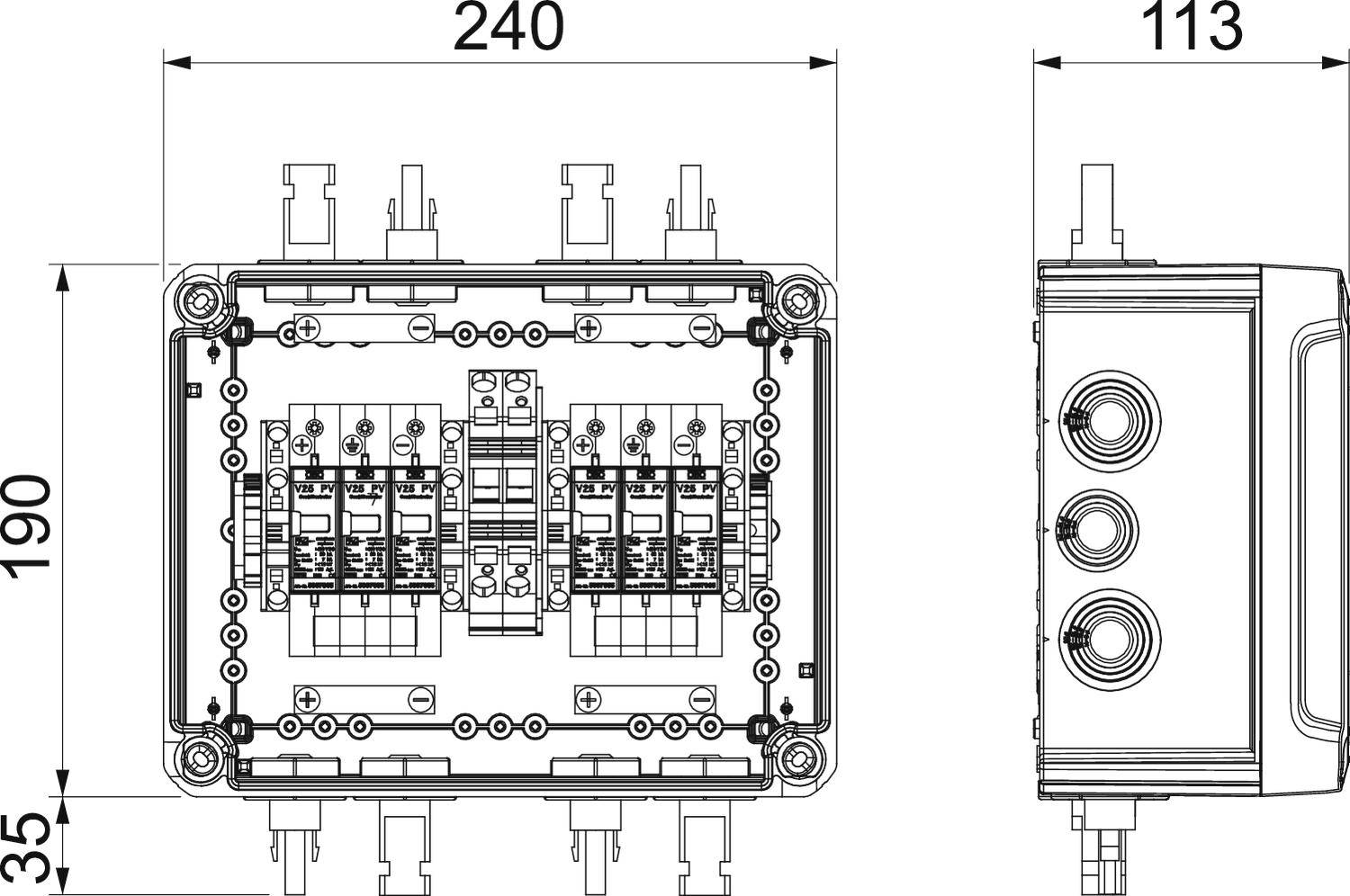 Technische Zeichnung eines elektrischen Anschlusskastens mit Abmessungen: Breite 240 mm, Höhe 190 mm, Tiefe 113 mm.