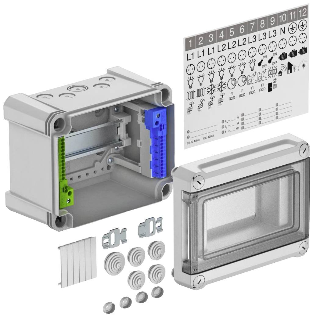 Elektronikgehäuse mit durchsichtiger Abdeckung, Steckverbindungen und einem Aufkleber mit Symbolen und Nummern zur Identifikation.