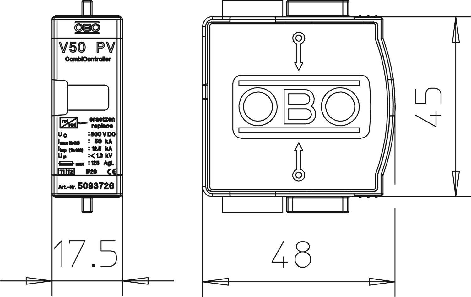 OBO Bettermann 5093726 V50-B+C 0-300PV Combicontroller 12.5 kA 1St.
