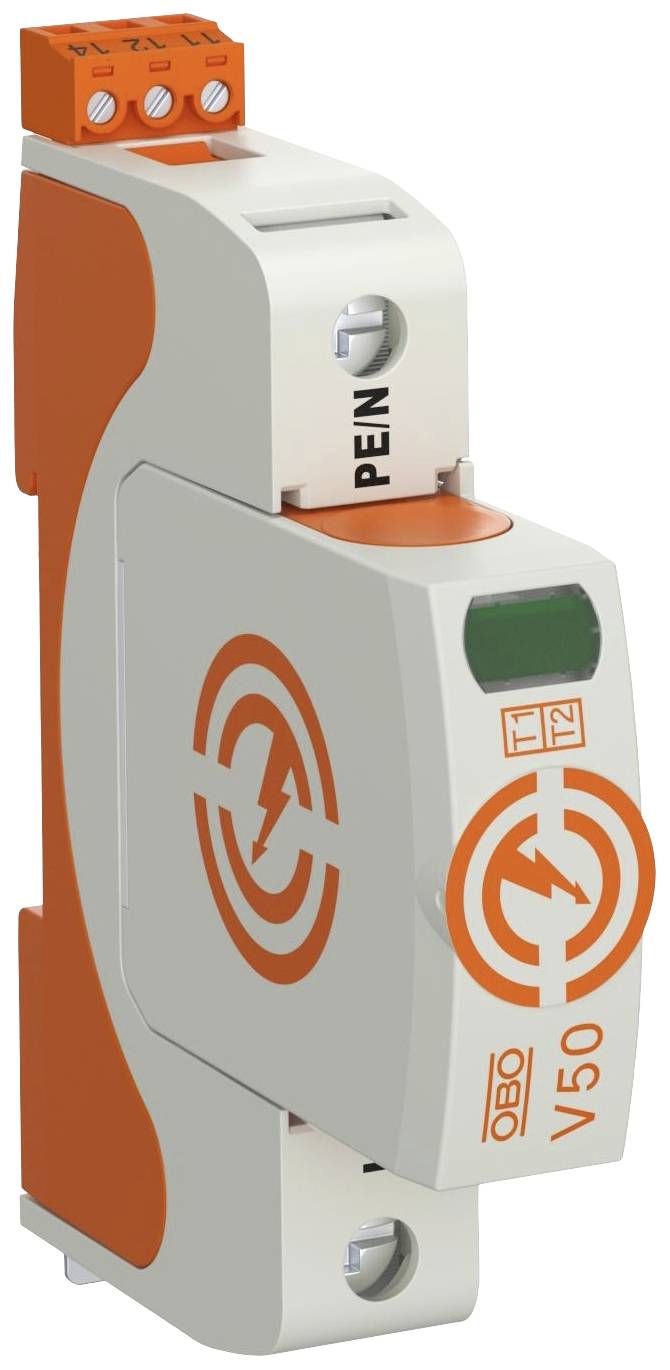 Ein Überspannungsschutzgerät mit orange-weißer Ummantelung, Aufschrift 'V50'. Verwendet zur Elektroniksicherheit in Verteilerkästen.