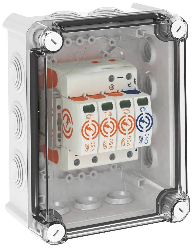 Elektrischer Schutzkasten mit transparentem Gehäuse, enthält drei Überspannungsschutzgeräte, jeweils mit rotem und blauem Symbol.