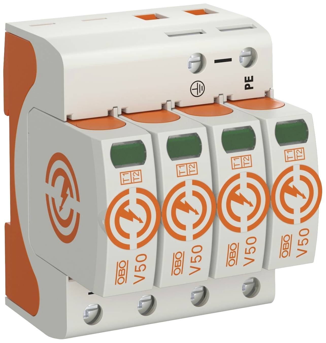 Ein mehrpoliger Überspannungsschutz mit orangefarbenen Elementen und der Aufschrift 'OBO V50'. Geeignet zur Ableitung von Überspannungen.