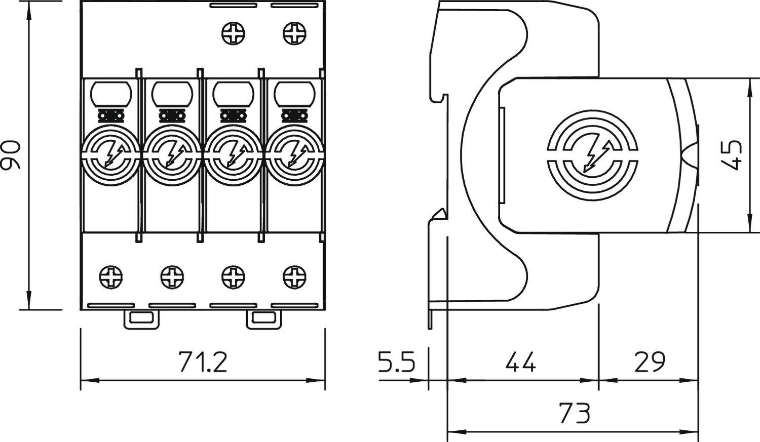 Technische Zeichnung eines vierpoligen elektrischen Sicherungsblocks. Maße: Höhe 90 mm, Breite 71.2 mm, Tiefe 73 mm.