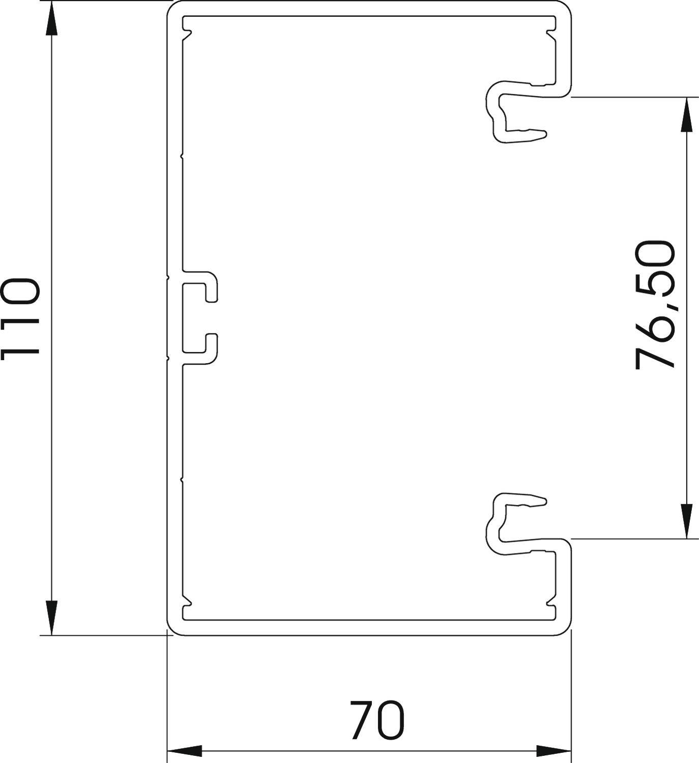 Technische Zeichnung eines rechteckigen Profils mit Maßen: Breite 70 mm, Höhe 110 mm, und inneres Maß 76,50 mm.