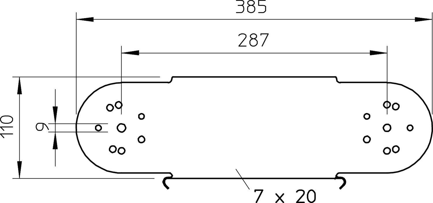 Technische Zeichnung eines rechteckigen Objekts mit abgerundeten Enden. Maße: 385 mm Länge, 110 mm Breite. Markierungen '287' und '7 x 20'.