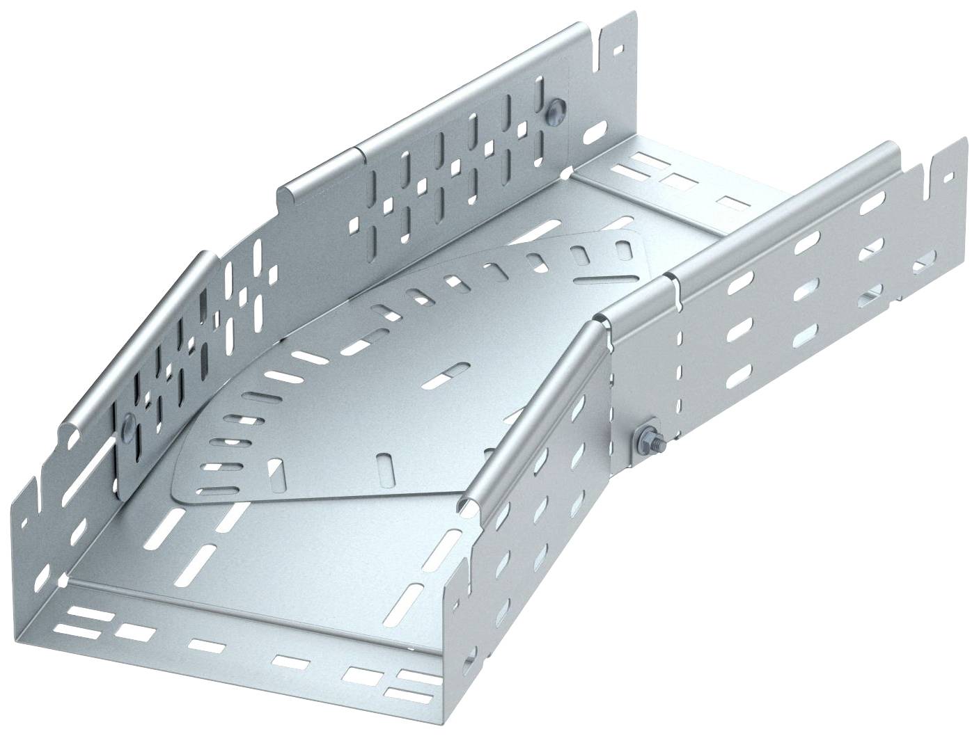 Ein verzinkter, verstellbarer Kabelrinnenabzweig aus Metall zeigt die Möglichkeit zur Führung von Kabeln in drei Richtungen.