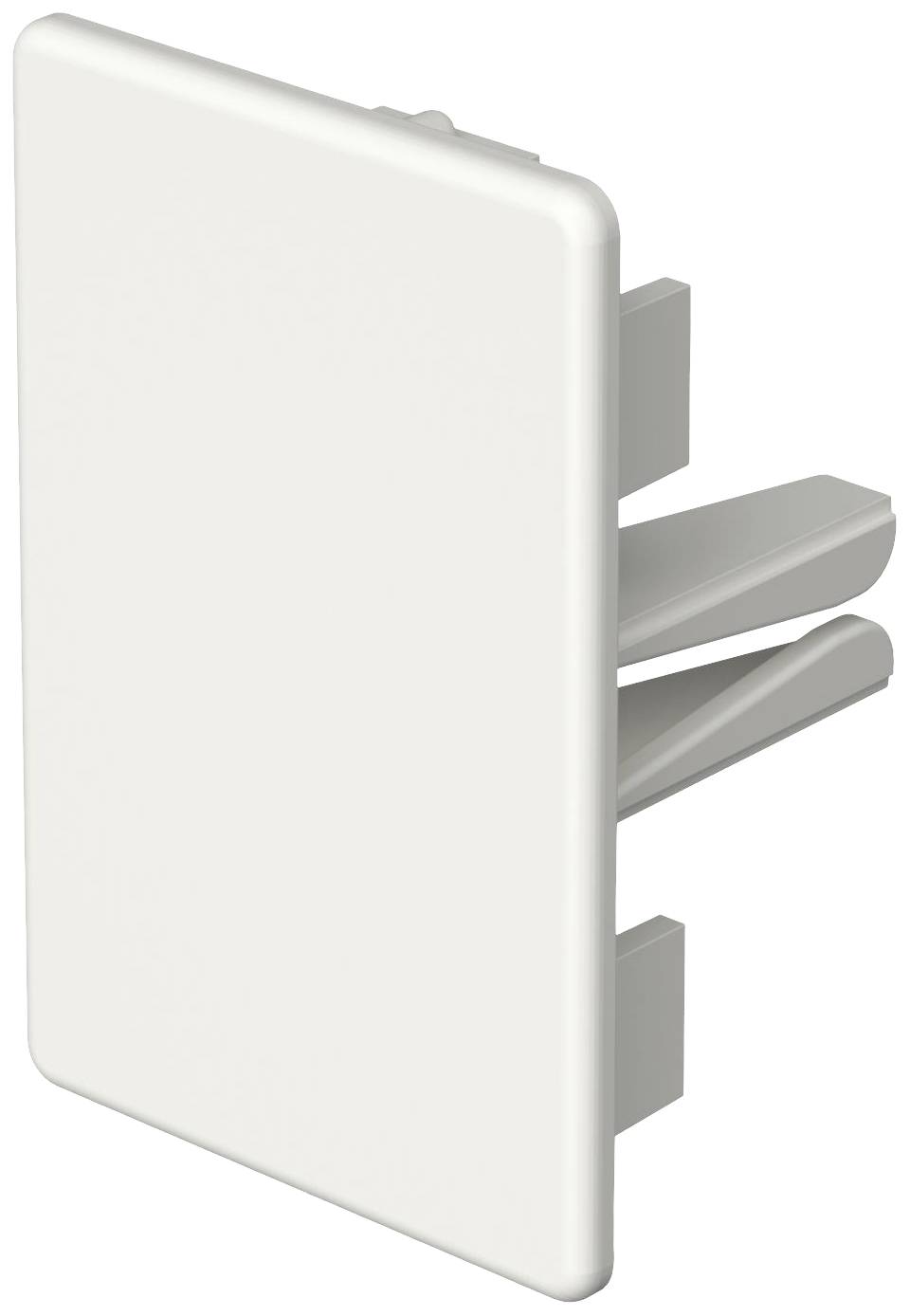 Weißer, rechteckiger Plastikstecker mit drei schrägen Kontaktstiften, seitlich betrachtet.