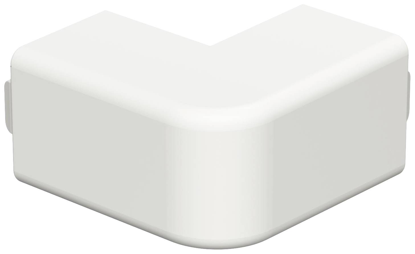 Ein weißes, winkelförmiges Kunststoffteil, wahrscheinlich als Eckverbindung für Kabel oder Rohre.