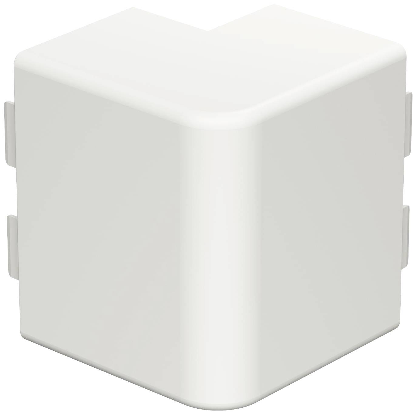 Einfaches weißes Eckverbindungsstück mit abgerundeten Kanten für modulare Bauanwendungen, wirkt funktionell und schlicht.