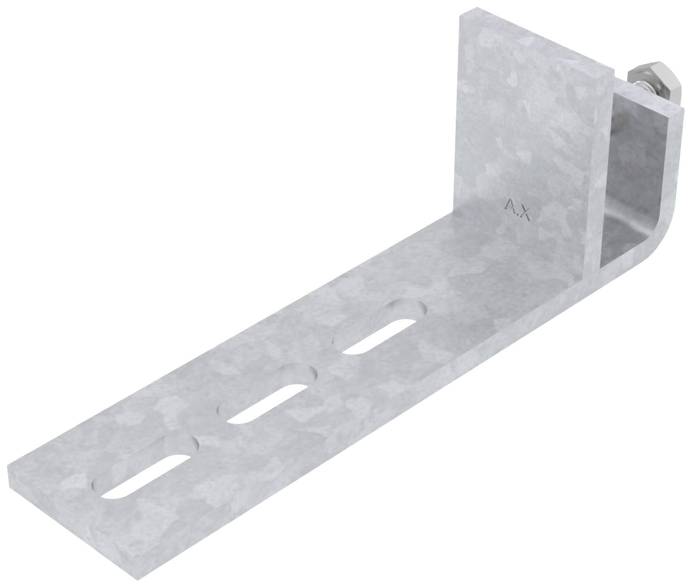 Metallwinkel mit drei Langlöchern, gebogener Abschnitt rechtwinklig. Verwendet für die Befestigung in Bauprojekten.