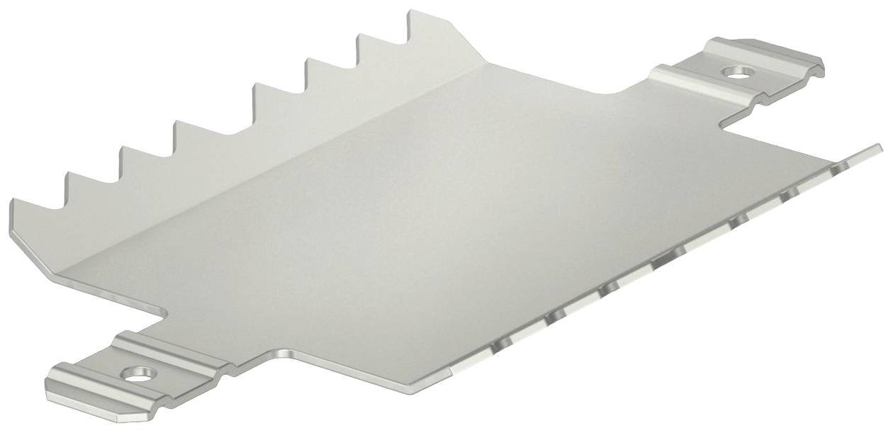 Ein silbernes, zahnförmiges Metallteil mit mehreren Einkerbungen und Befestigungslöchern an den Seiten.