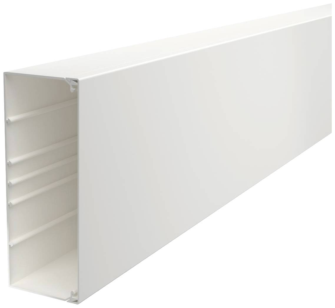 Weiße rechteckige Kunststoffabdeckung mit inneren Rillen, perspektivisch gezeigt. Geeignet zur Kabelorganisation oder Abdeckung von Installationen.