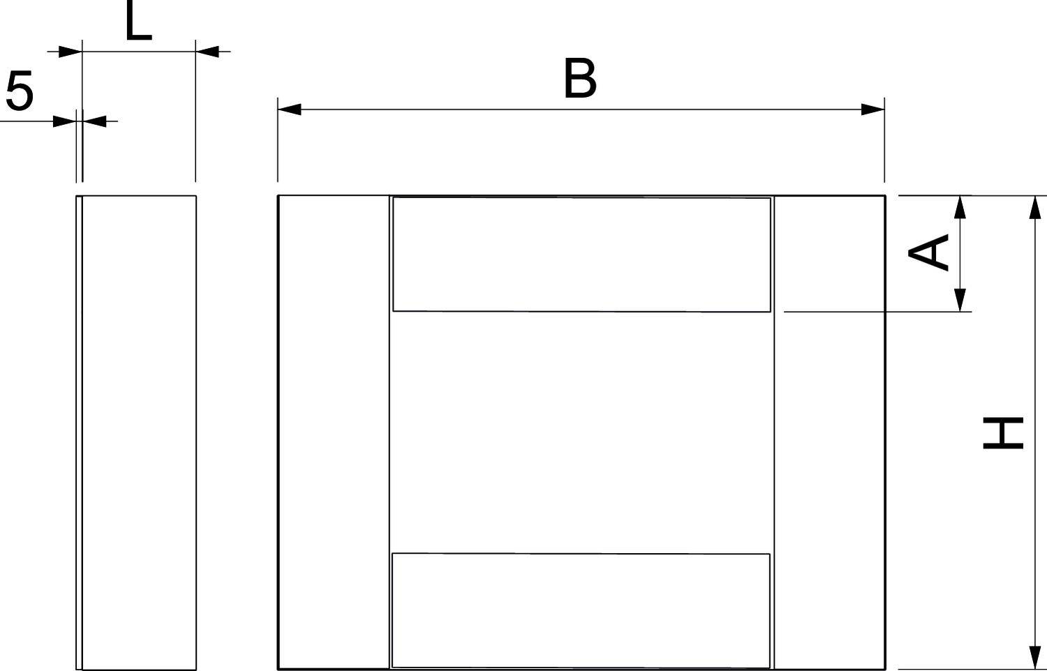 Technische Zeichnung eines rechteckigen Objekts mit den Maßen B, H, A, L und 5. Seitenansicht links, Vorderansicht in der Mitte.