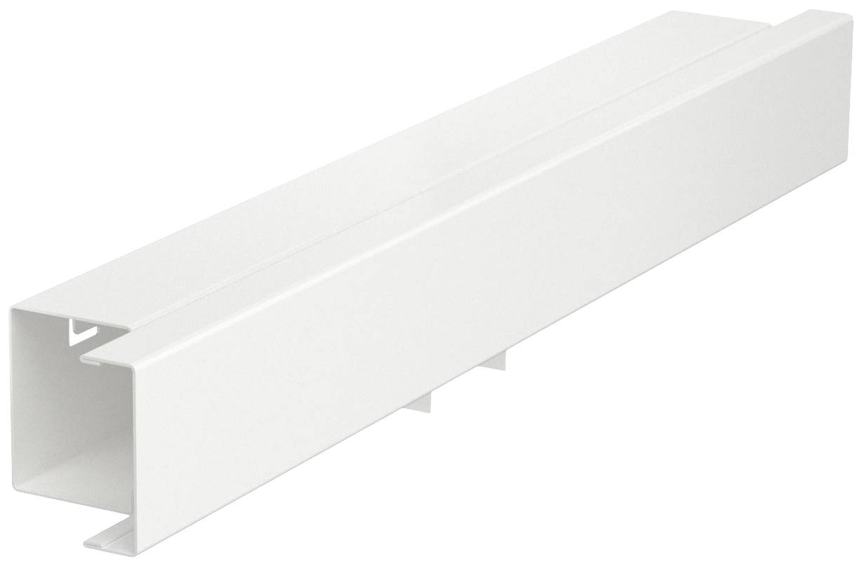 Weißer rechteckiger PVC-Kabelkanal, geöffnet an einer Seite. Dient zur sicheren und geordneten Verlegung von Kabeln in Innenräumen.