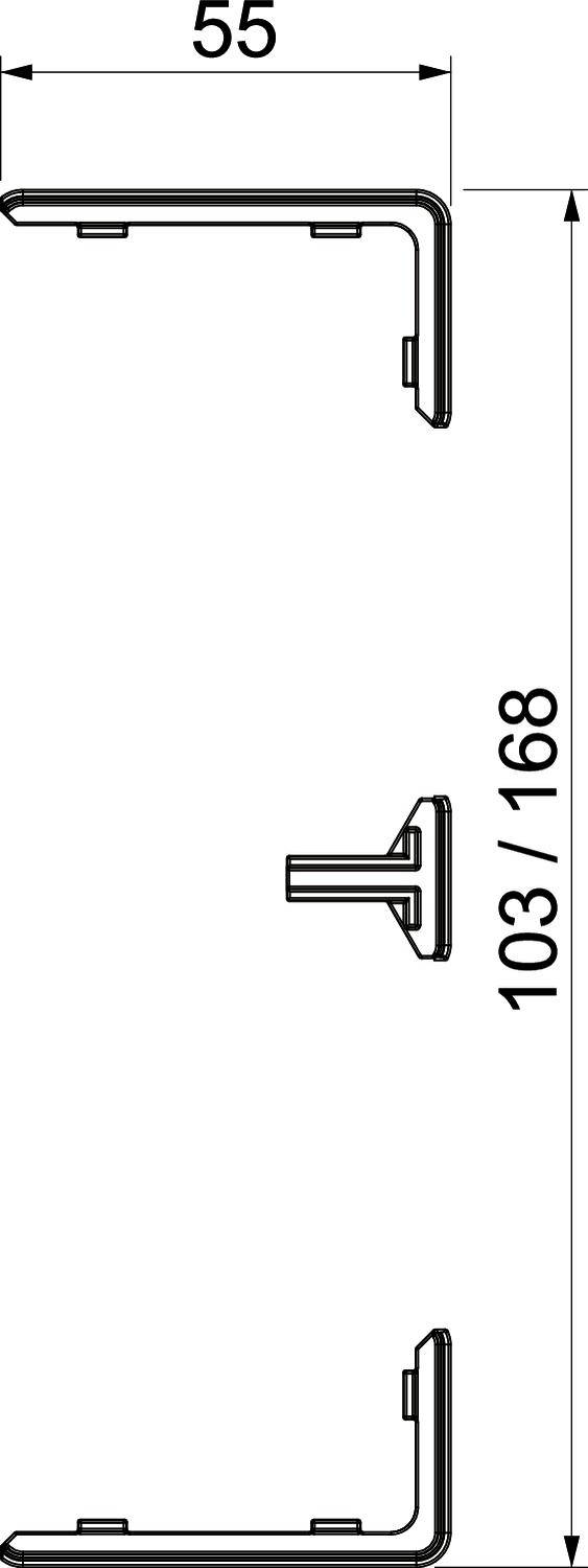 Technische Zeichnung eines Metallwinkels mit Maßen: Breite 55 mm, Länge 103/168 mm. Zeigt Form und Dimensionen des Winkels.