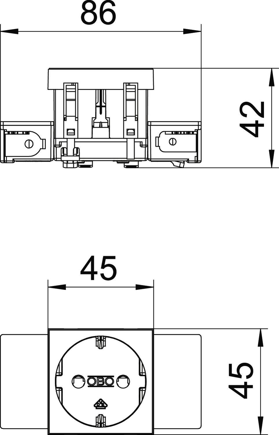 Technische Zeichnung eines Steckdosenmoduls mit Abmessungen: Höhe 42 mm, Breite 86 mm, Tiefe 45 mm. Frontsicht zeigt Steckdose.