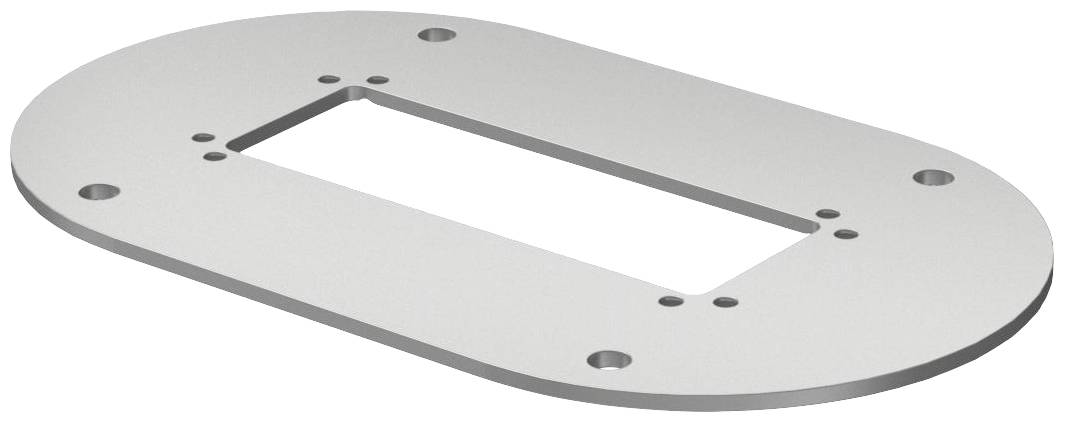 Metallplatte mit ovaler Form und rechteckiger Aussparung in der Mitte, umgeben von sechs Bohrlöchern.