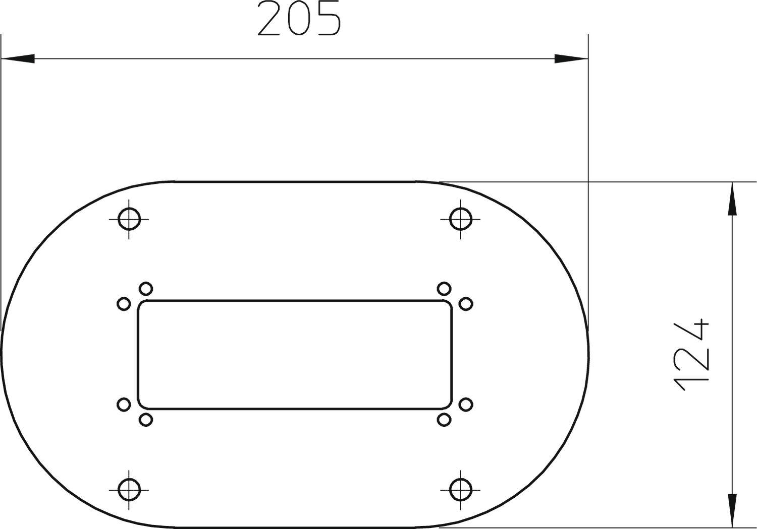 Technische Zeichnung einer ovalen Platte mit den Maßen 205 mm Länge und 124 mm Breite. Löcher an den Ecken und ein rechteckiger Ausschnitt in der Mitte sind angegeben.