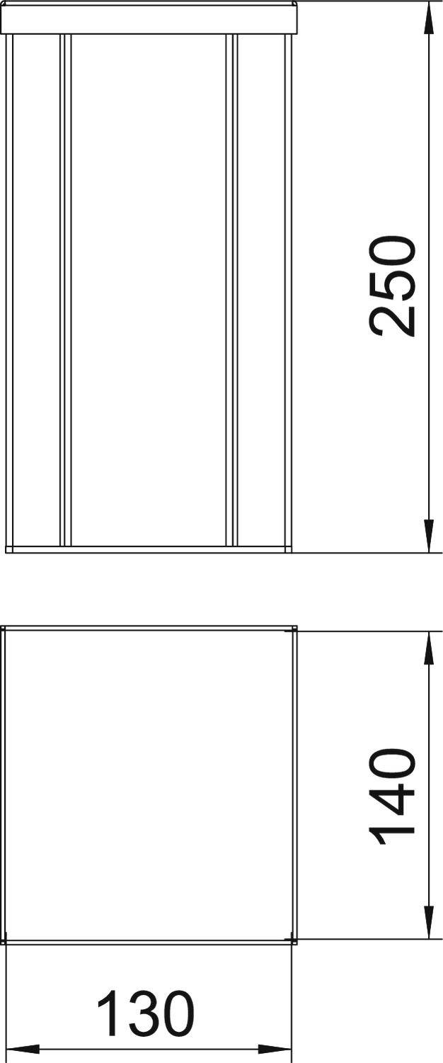 Konstruktionszeichnung eines rechteckigen Raums, Höhe 250 cm, Breite 130 cm, Tiefe 140 cm. Zeigt Abmessungen und Linienführung.