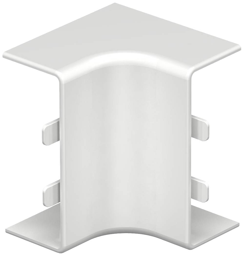 Weiße, L-förmige Abdeckung mit glatter Oberfläche und zwei seitlichen Clips. Sie dient zur Verbindung oder Abdeckung von Kabelecken.