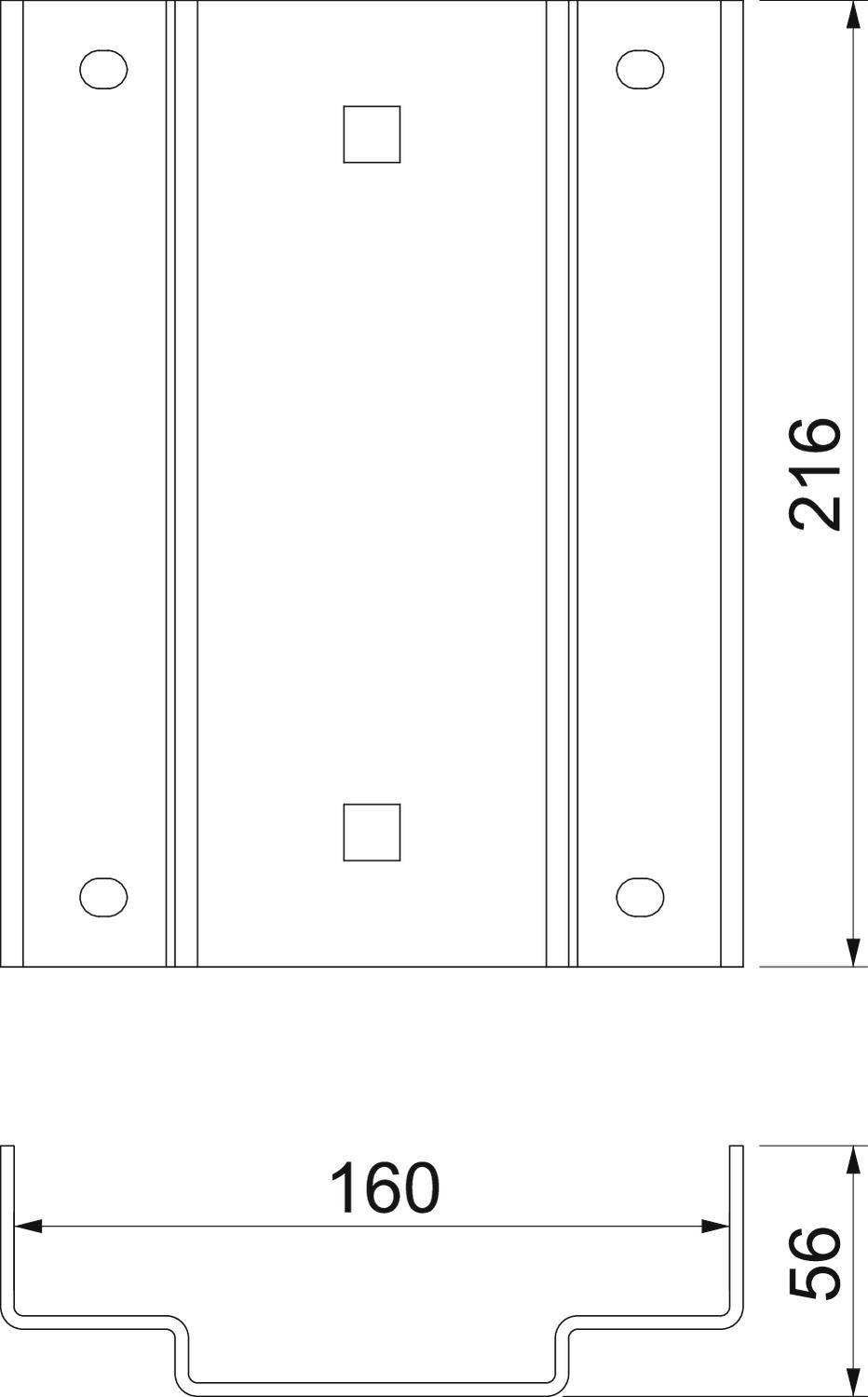 Technische Zeichnung einer Metallstütze, Vorder- und Seitenansicht, mit Maßen: Höhe 216 mm, Breite 160 mm, Tiefe 56 mm.