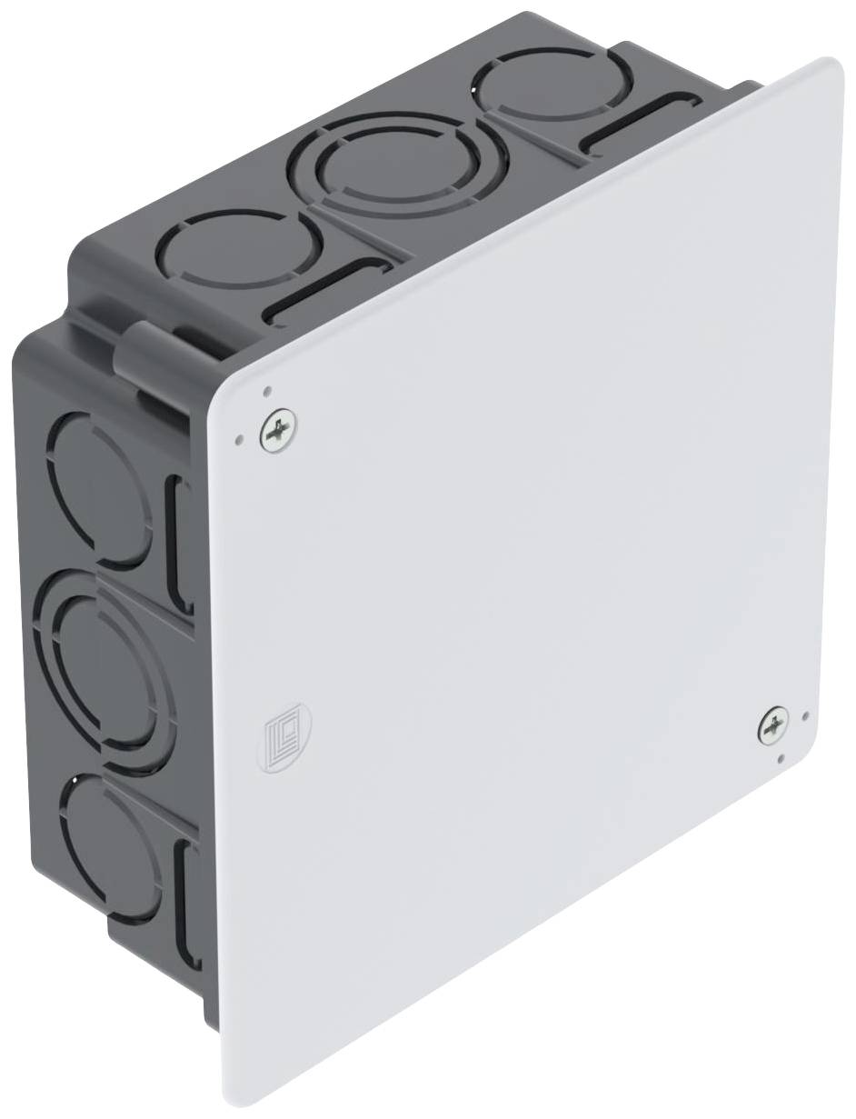 Elektrische Unterputzdose mit quadratischer Abdeckung und seitlichen Kabelöffnungen, geeignet für den Wandeinbau.