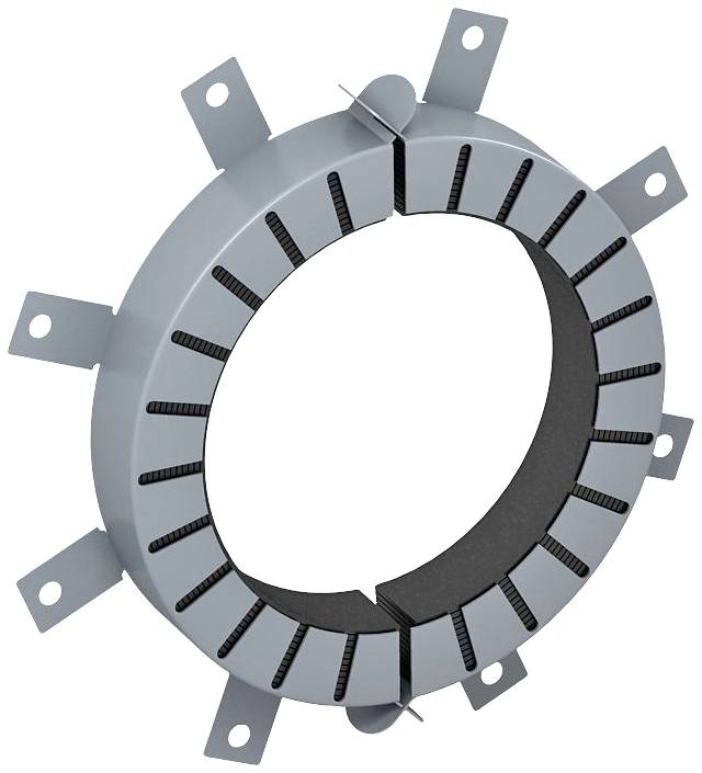 Metallring offen mit Laschen und flexiblem Innenfutter zur Befestigung. Mögliche Komponente in mechanischen oder elektrotechnischen Anwendungen.