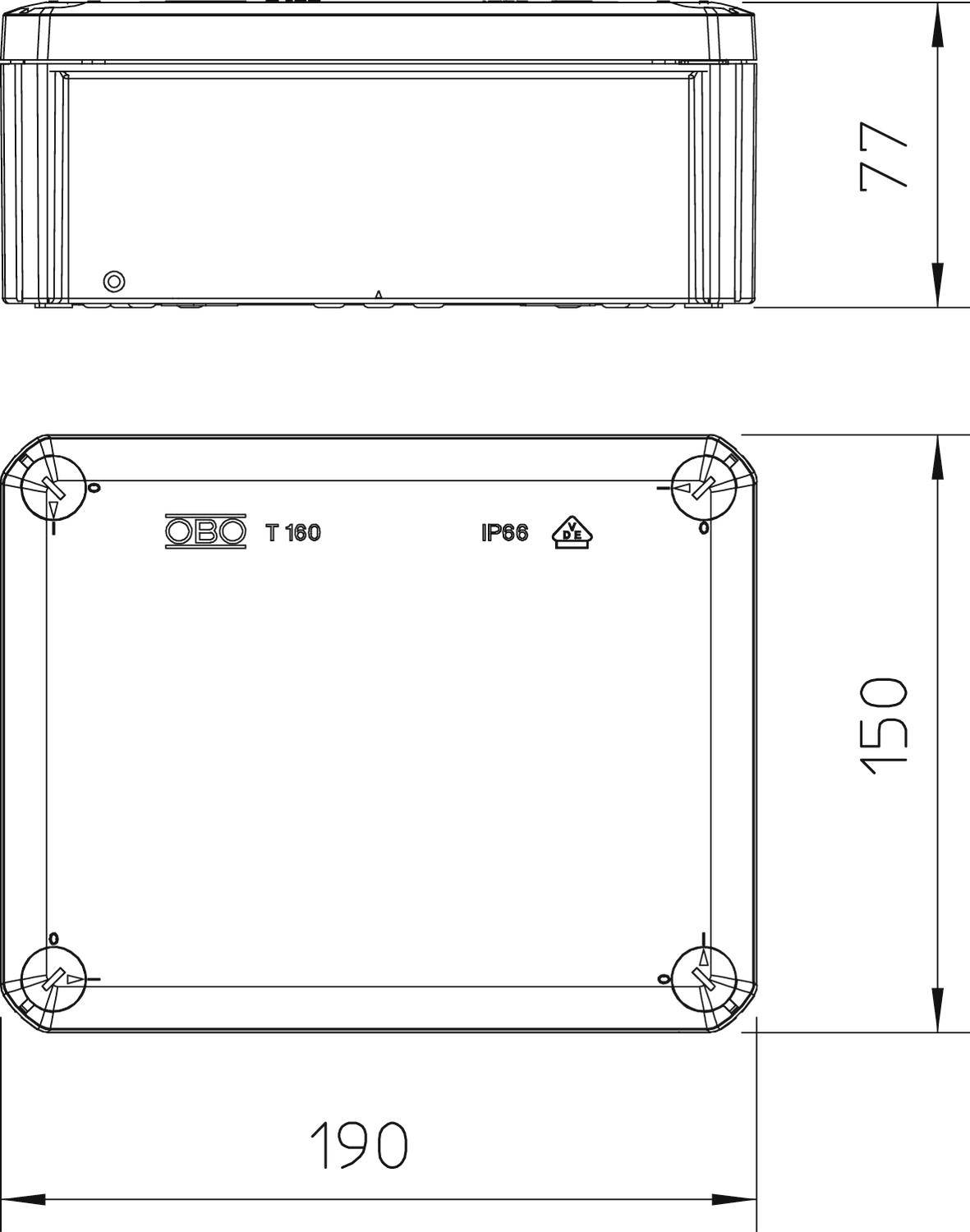 Technische Zeichnung eines rechteckigen Gehäuses mit den Maßen 190 mm x 150 mm x 77 mm. Zeigt obere und seitliche Ansicht. IP68 zertifiziert.