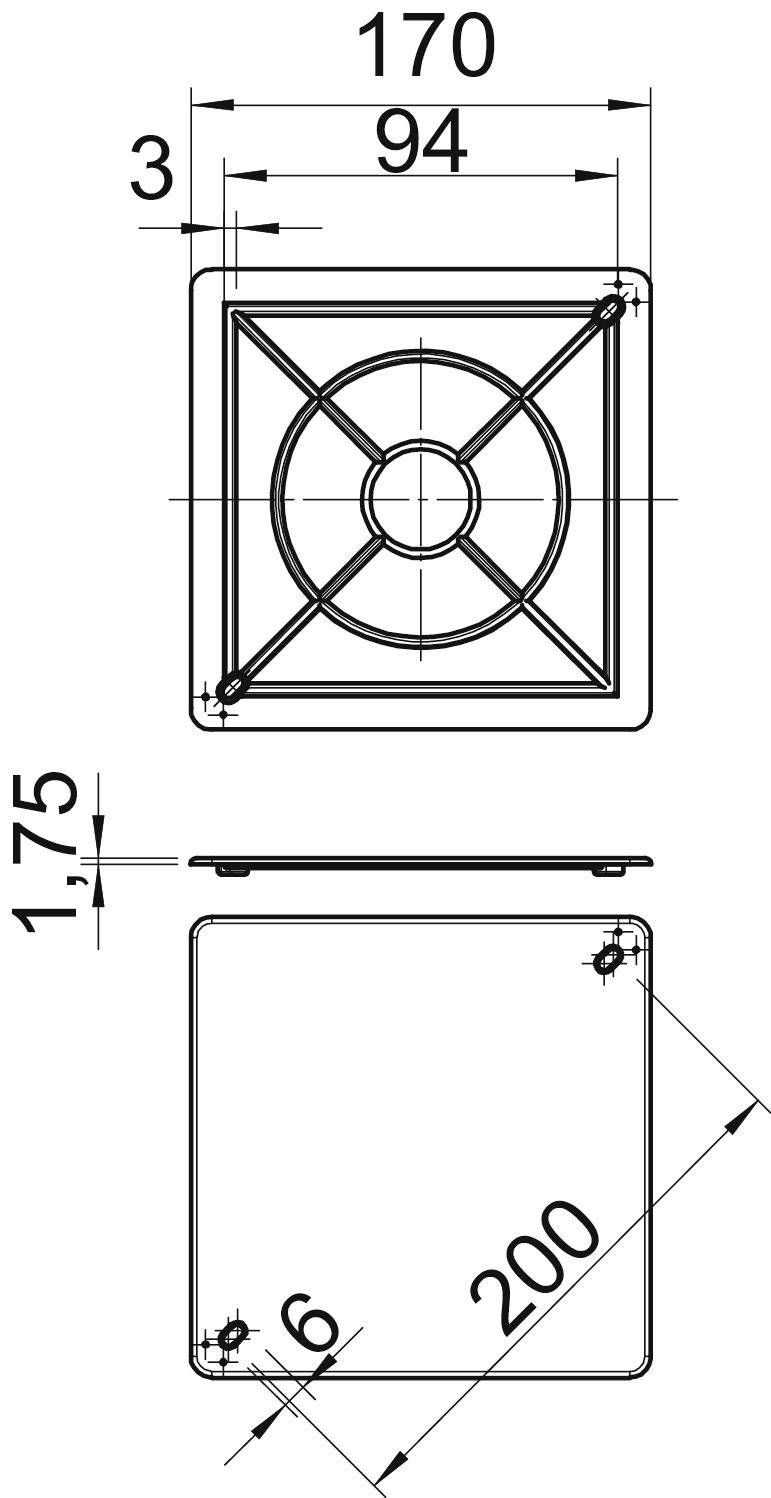 Technische Zeichnung eines quadratischen Bauteils mit Maßen: 170 mm, 200 mm, Details zu Bohrungen und Abstand 94 mm.