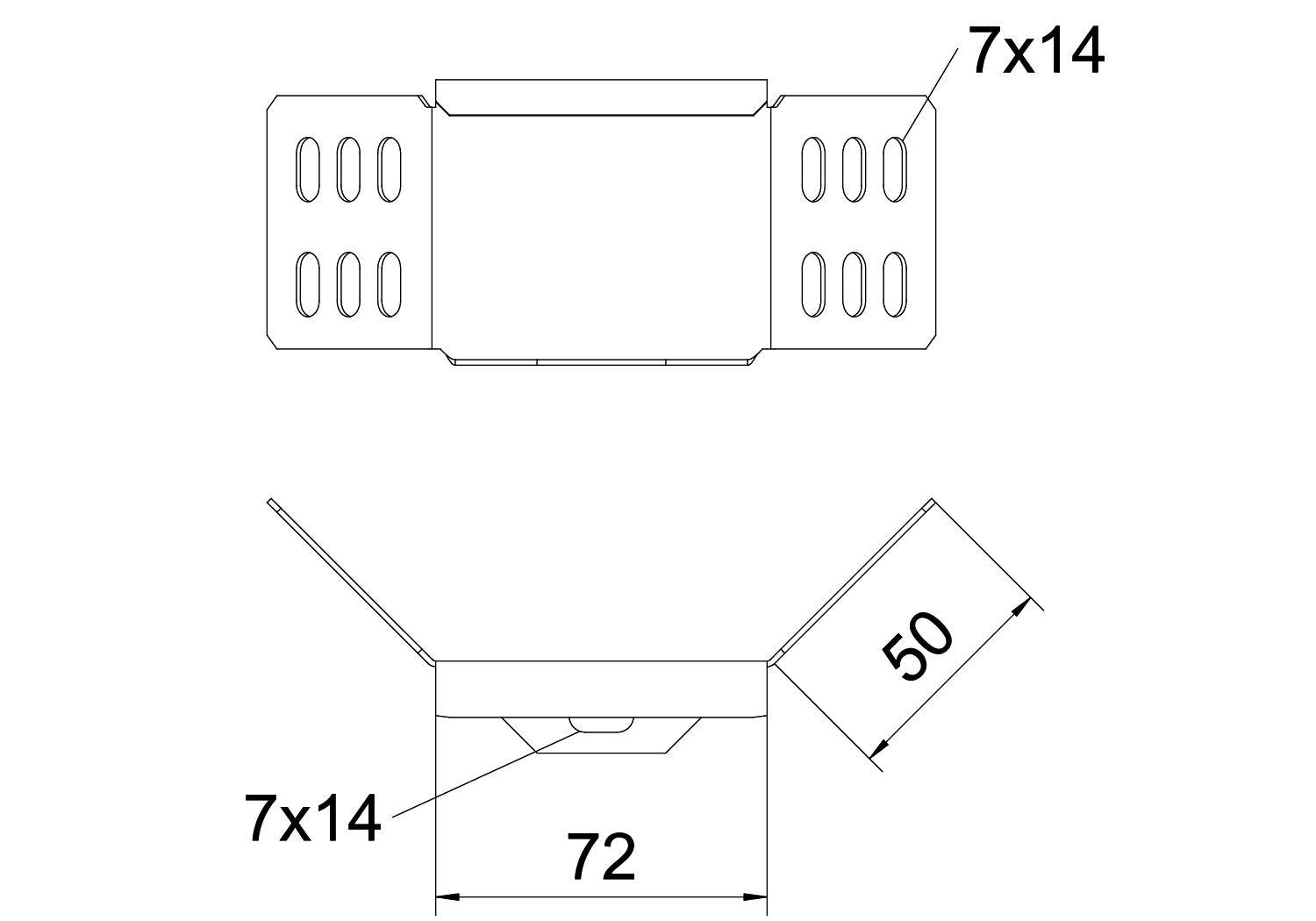 Technische Zeichnung eines Metallwinkels mit den Maßen 72 mm Breite und 50 mm Höhe. Löcher: 7x14 mm an beiden Seiten.