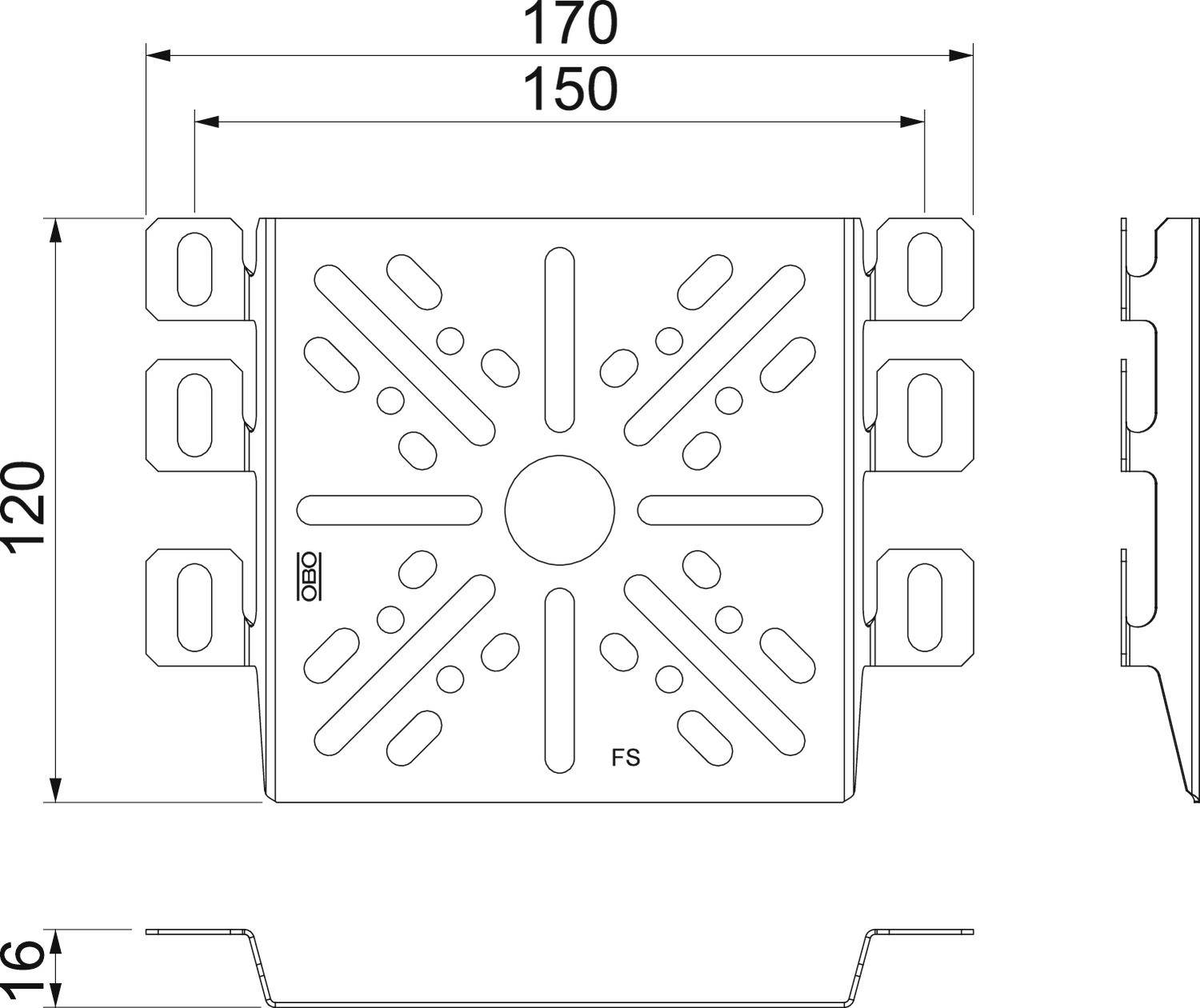 Technische Zeichnung einer Metallplatte mit Maßen: Breite 170 mm, Höhe 120 mm, Tiefe 16 mm. Zentrale Symmetrie und Befestigungslöcher.