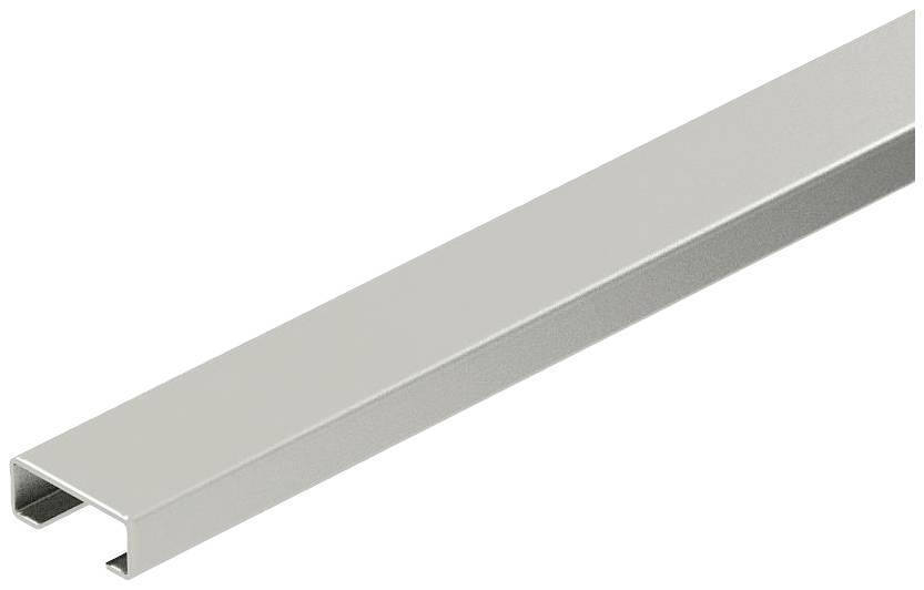Ein silberfarbener, rechteckiger Metallträger mit u-förmigem Querschnitt liegt diagonal im Bild.