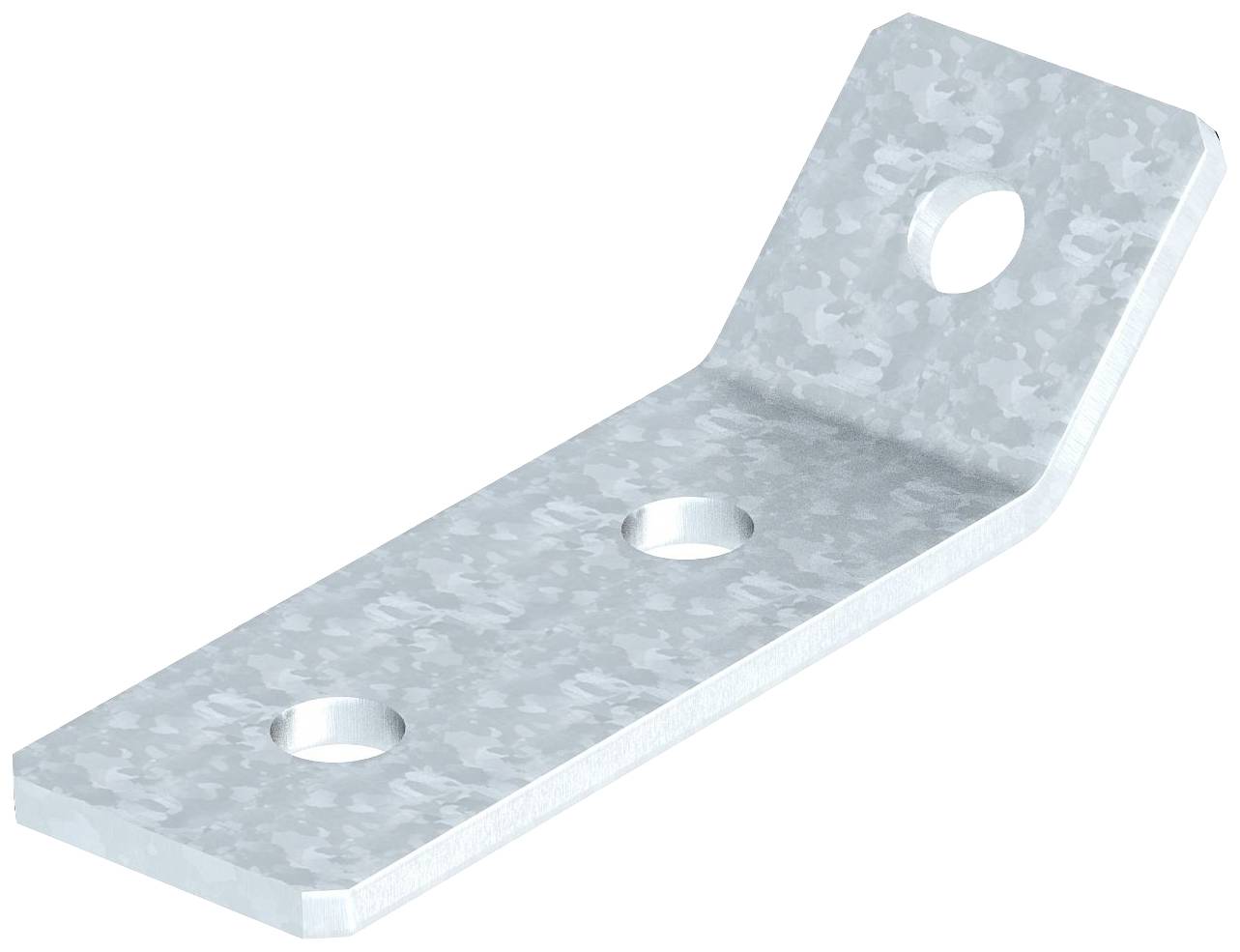 Metallwinkelverbinder mit drei Löchern, zwei auf der flachen Seite und eins auf der abgewinkelten Seite, zur Befestigung.