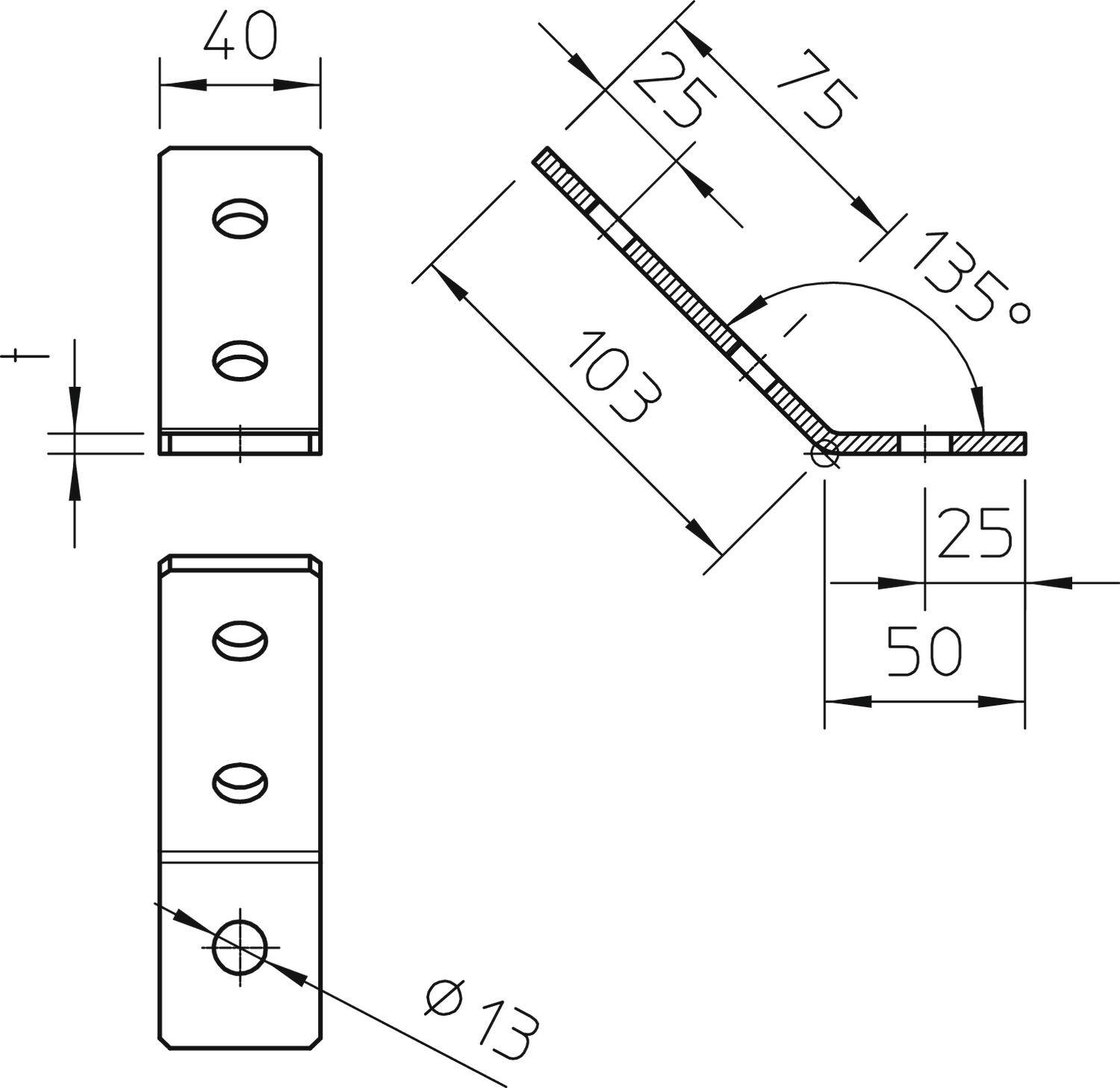Technische Zeichnung eines Winkelblechs: Maße 103x50x75 mm, Winkel 135 Grad, Bohrungsdurchmesser 13 mm, Lochabstände 25 mm, Breite 40 mm.