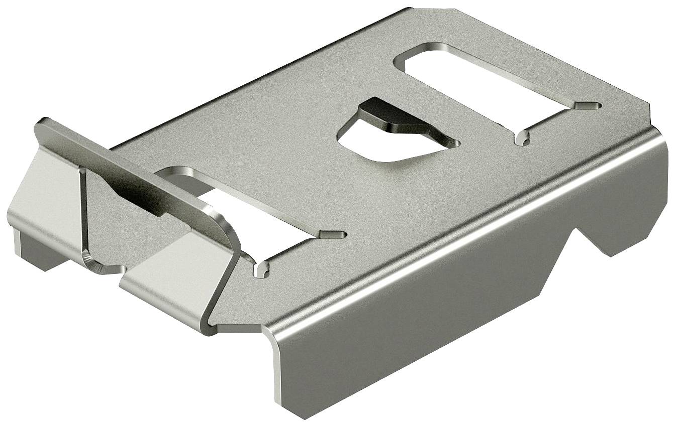 Metallklemme, rechteckige Form mit mehreren Aussparungen, vermutlich zur Befestigung oder Halterung in einem technischen oder mechanischen Kontext.