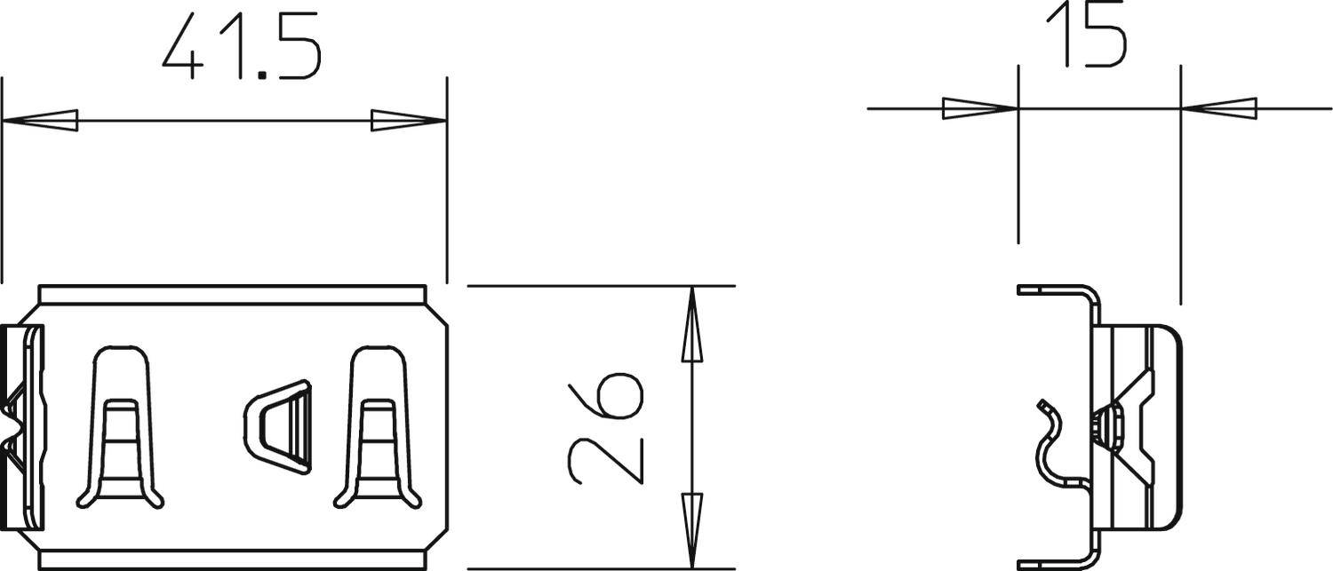 Technische Zeichnung eines Bauteils mit Abmessungen: Breite 41,5 mm, Tiefe 26 mm, Höhe 15 mm. Zeigt Seiten- und Vorderansicht.