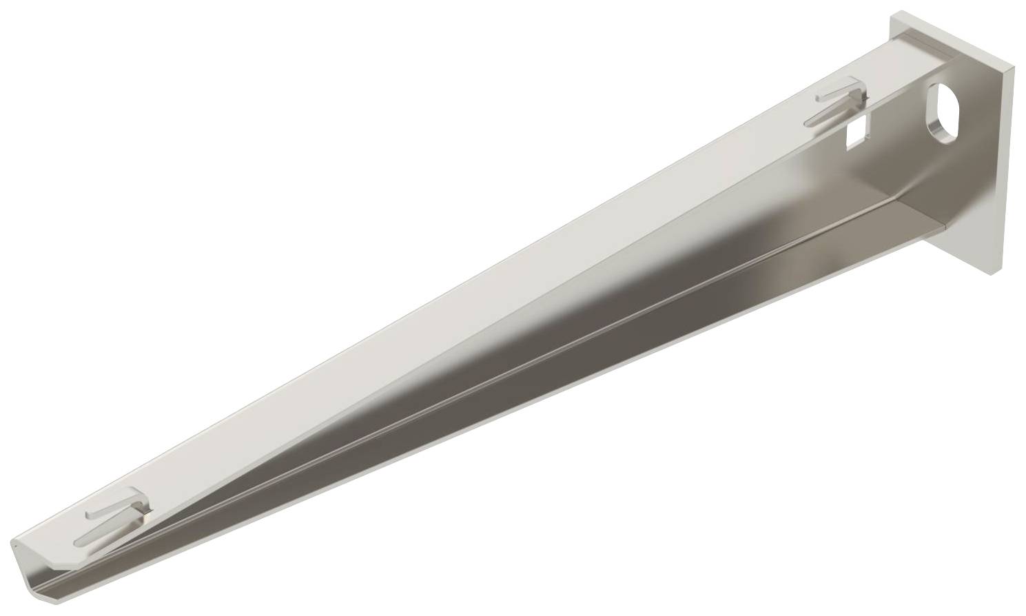 Einzelne Metallträgerkonsole mit zwei Schlitzen und Befestigungslöchern, geeignet zur Unterstützung von Regalen an einer Wand.