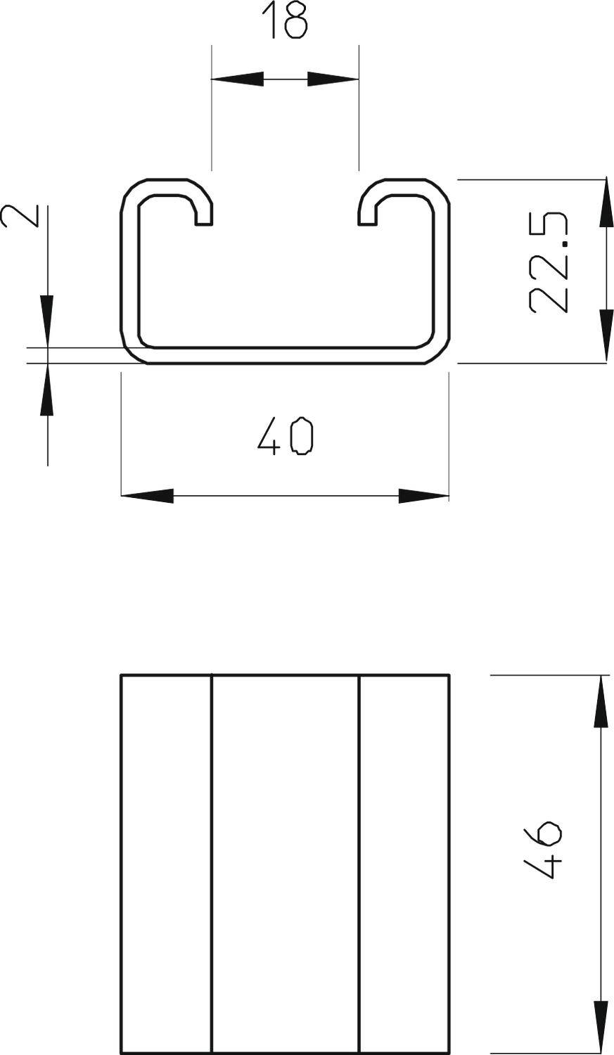 Technische Zeichnung eines U-förmigen Profils mit Maßen: Breite 40 mm, Höhe 22,5 mm, Wandstärke 2 mm. Obere Öffnung ist 18 mm breit. Ansicht zeigt Seiten- und Vorderansicht.