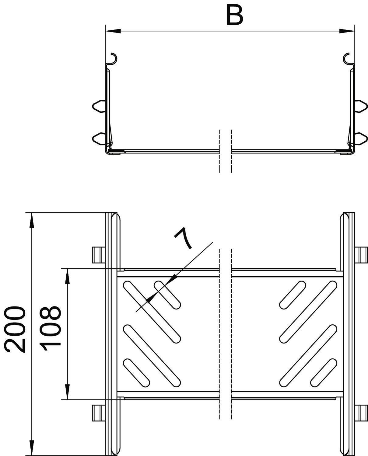 Zeichnung eines Metallprofils, seitliche und vordere Ansicht. Oben: Breite 'B'. Unten: Höhe '200', Tiefe '108', nummeriert '1'.