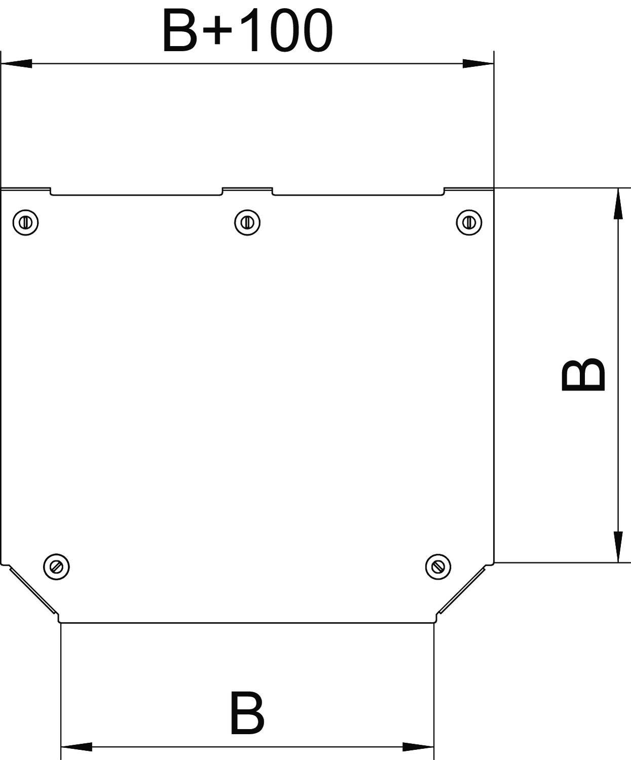 Diagramm zeigt eine rechteckige Platte mit Maßen B und B+100, Schrauben an den Ecken und Pfeilen zur Längenmarkierung.