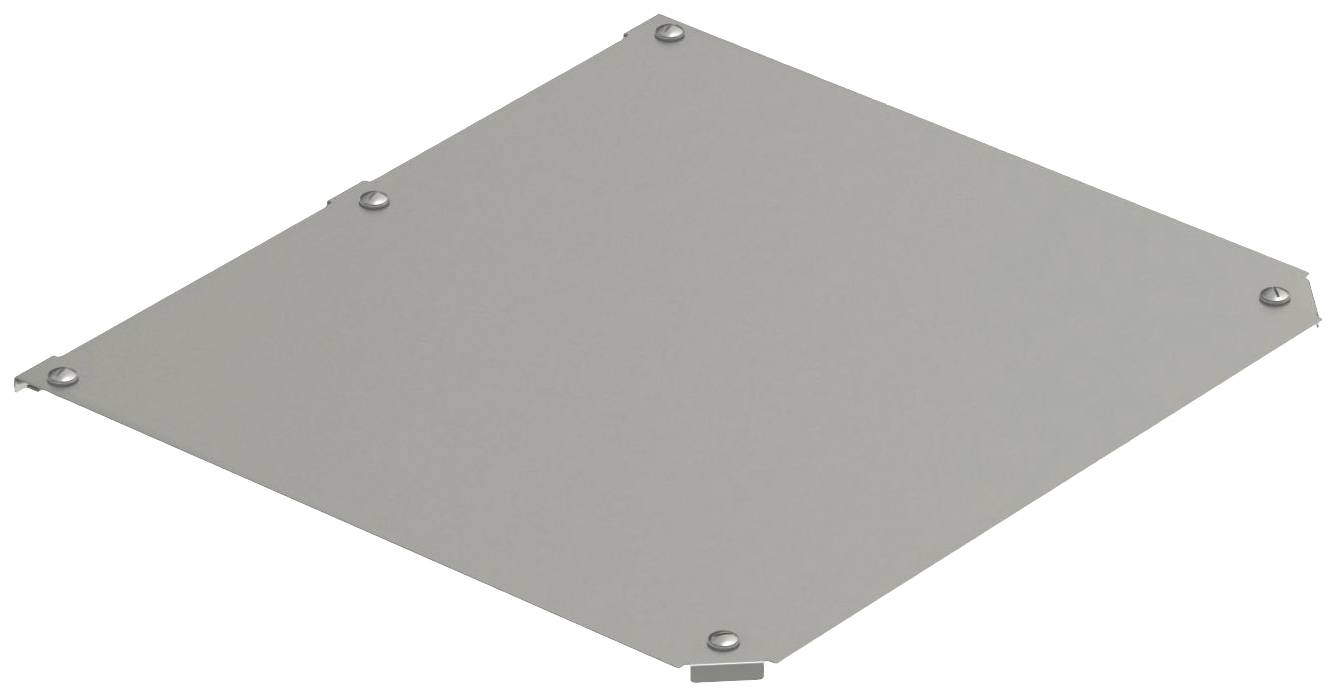 Metallplatte mit vier Schrauben an den Ecken, rechteckig und flach, vermutlich als Abdeckung oder Befestigungselement verwendet.