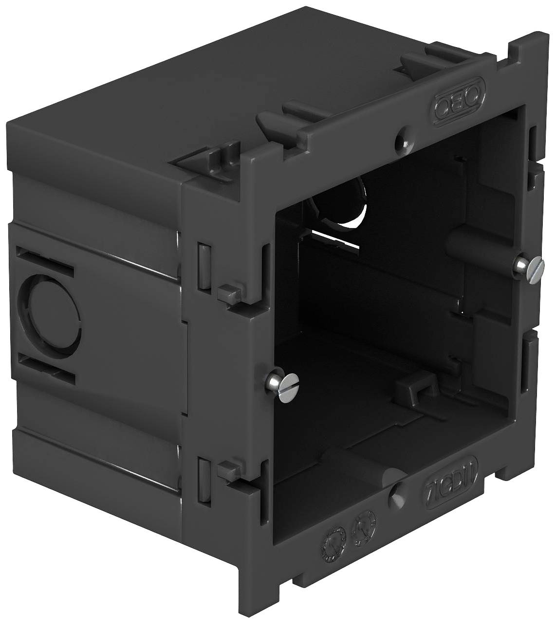 Schwarzer elektrischer Hohlwandkasten mit rechteckiger Form und offenen Seiten, geeignet für die Installation in Leichtbauwänden.