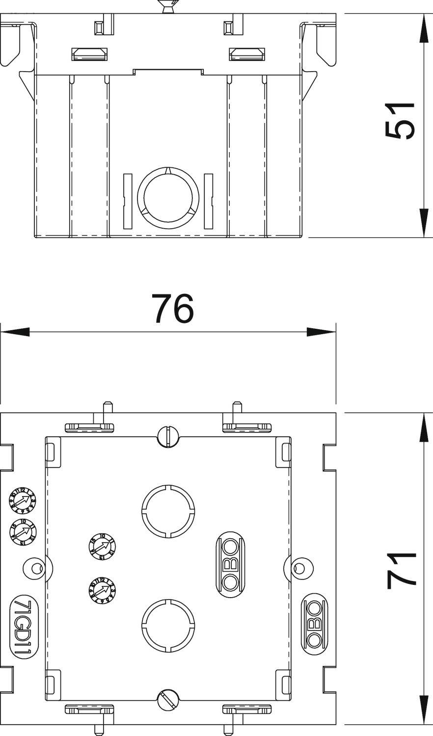 Technische Zeichnung eines rechteckigen Gerätes mit den Maßen 76 x 71 mm und einer Tiefe von 51 mm. Enthält Bohrungen und Anschlussstellen.