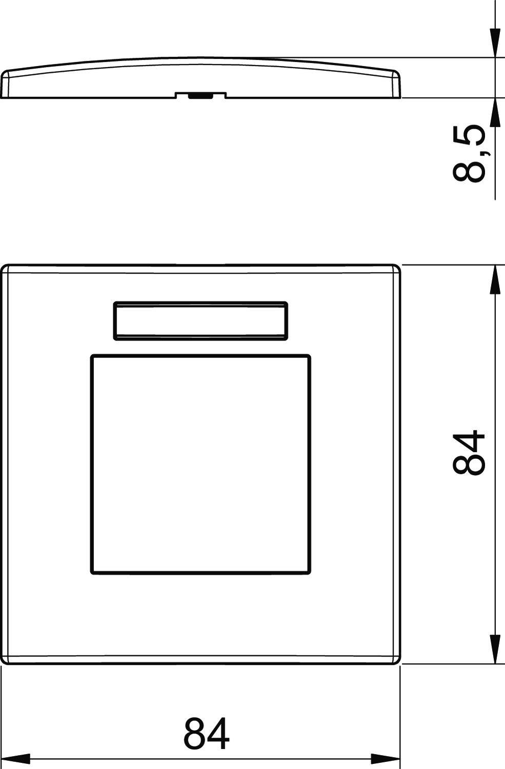 Technische Zeichnung eines quadratischen Schalters mit den Maßen 84x84 mm und einer Tiefe von 8,5 mm.