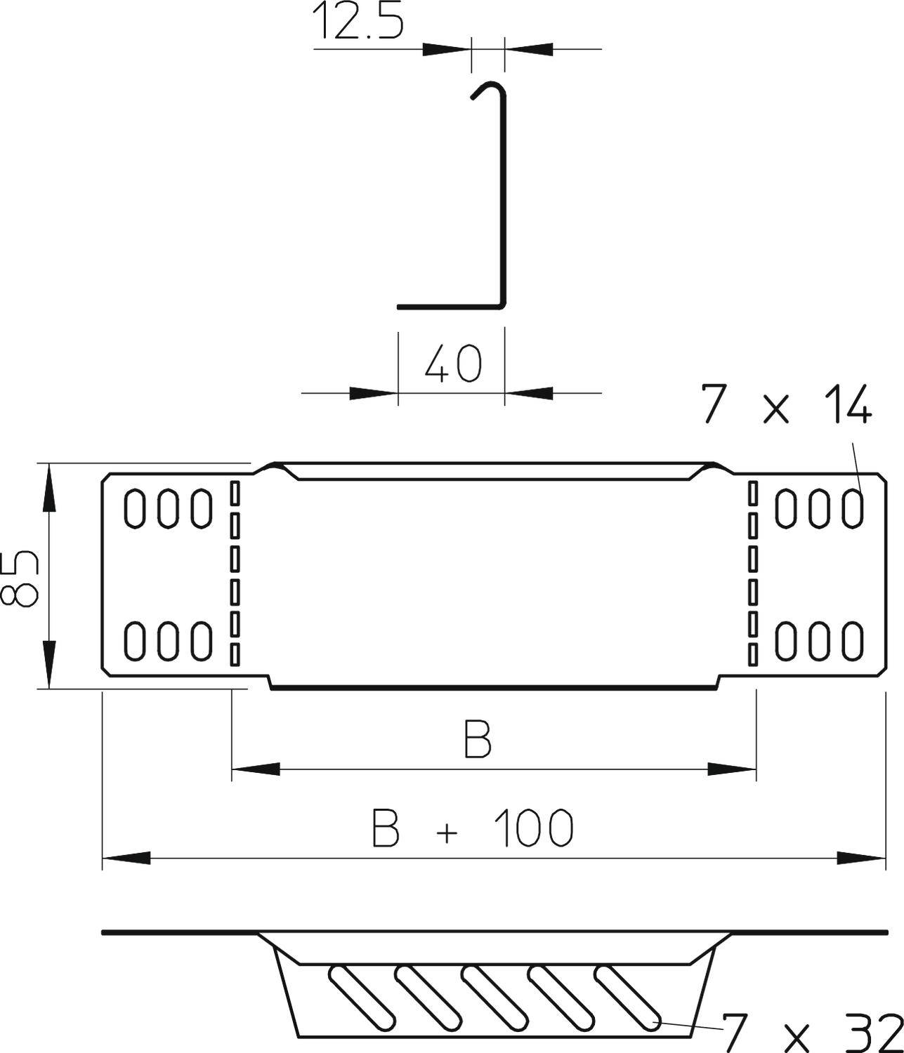 Technische Zeichnung eines Bauteils mit Abmessungen: Länge 85 mm, Breite 40 mm, und zusätzlichen Details in Ansichten und Bemaßungen.