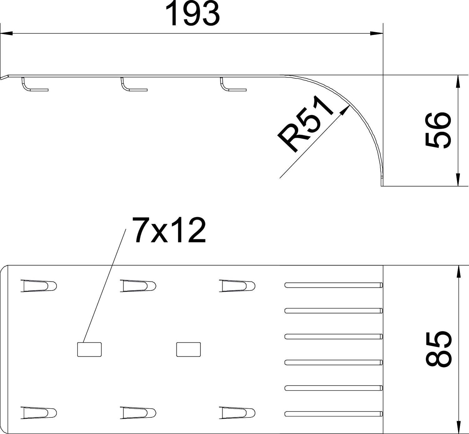 Diagramm zeigt technische Zeichnung eines Blechs mit Maßen: 193 mm Breite, 56 mm Höhe, 85 mm Basis. Bogen mit Radius 51 mm, 7 Löcher.