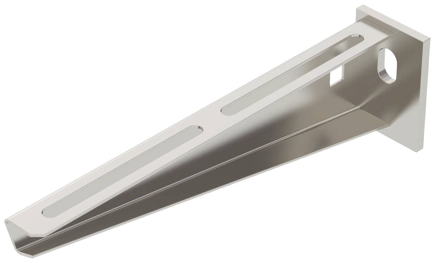 Metallischer Winkelhalter mit langem Arm, zwei Langlöchern und einer Montageplatte. Geeignet zur Befestigung an Wänden.