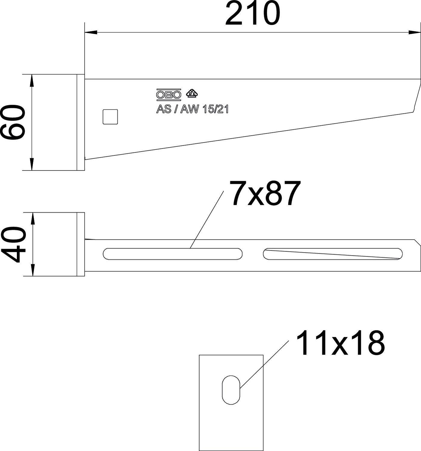 Technische Zeichnung eines Metallelements mit den Maßen 210 mm x 60 mm und einer Aussparung von 7x87 mm sowie 11x18 mm.
